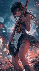 Rain soaked street guitarist framed by neon lit urban skyline