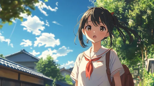 Summer street scene with schoolgirl in sailor uniform.