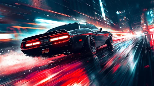 Retro muscle coupe in neon-illuminated urban speed drift scene.