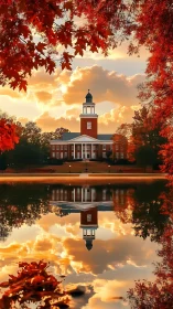 Autumn tower mirrored in ember-bright campus twilight.