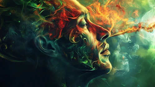 Luminous dreamer exhales swirling fire across neon void.