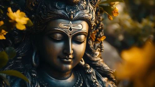 Bronze Hindu deity bust with floral bokeh and warm rim light