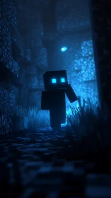 Pixel wanderer with neon eyes in a cavern of midnight code.