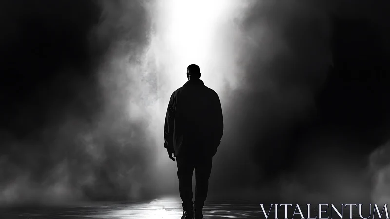 Silhouette of lone figure walking toward bright white light.