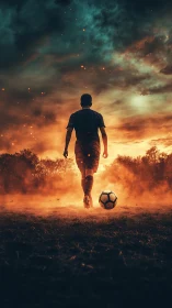 Silhouetted soccer player walking toward ball at sunset.