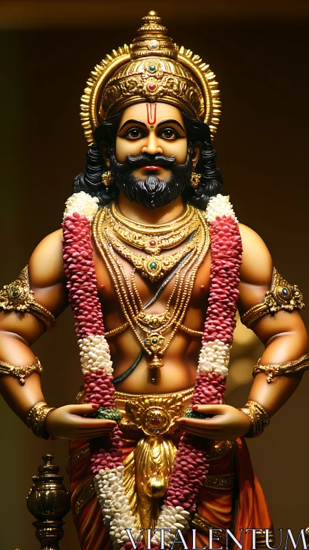 Gold adorned Hindu deity sculpture with floral garlands.