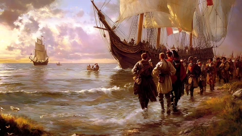 Sunlit naval landing with marching soldiers on windy shore.