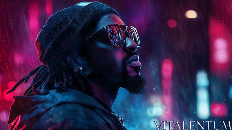 Neon city portrait under rain with reflective sunglasses.