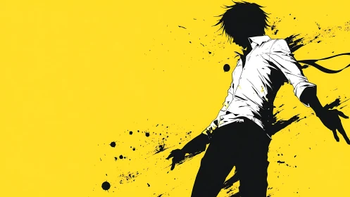 Silhouetted rebel splashes across electric yellow void.