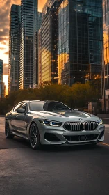 Silver BMW coupe glides through reflective city sunset street.