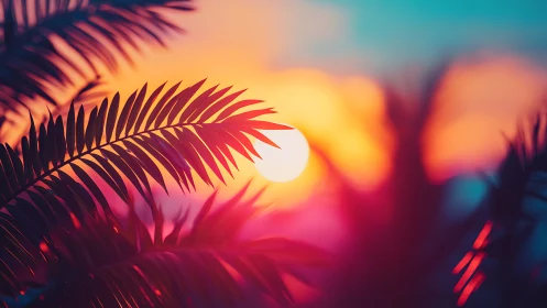 Tropical palm silhouettes glow against a dreamy neon sunset sky