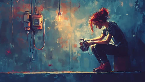 Quiet workshop glow with a tinkering red haired dreamer.