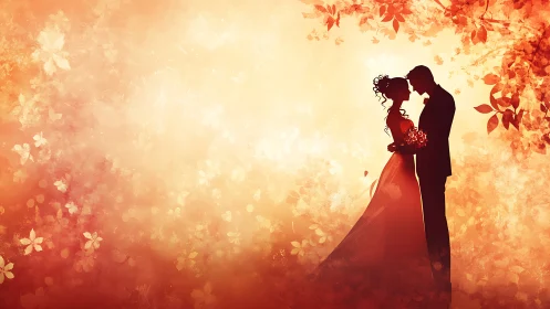 Romantic couple silhouette embracing in warm autumn glow.