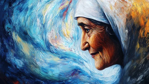 Side profile of elderly woman integrated with swirling strokes