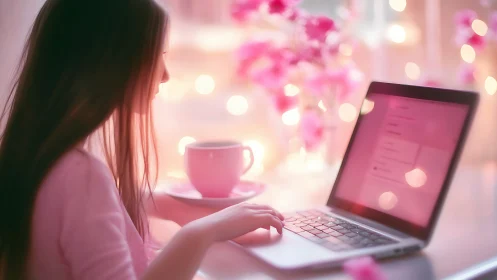 Side-lit woman using laptop in pink bokeh workspace ambience