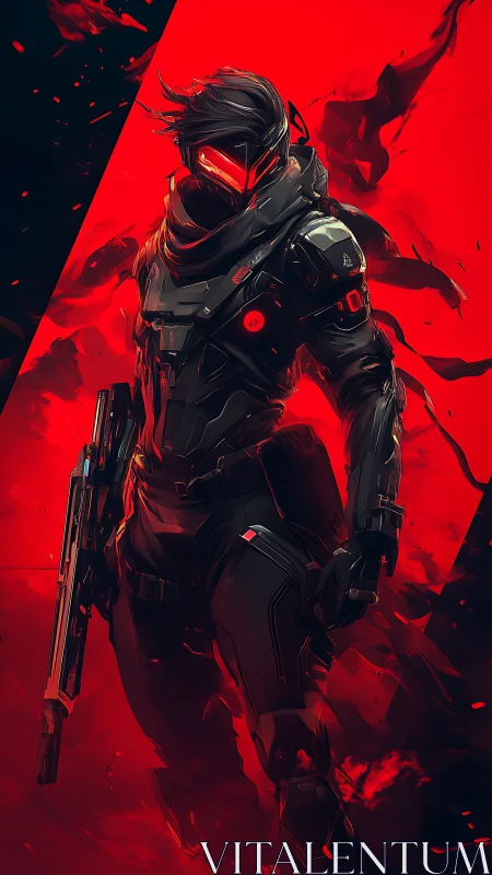 Cyberpunk tactical operative in red high-contrast combat field.