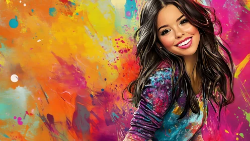 Vibrant digital portrait merges joyful figure and neon splashes.