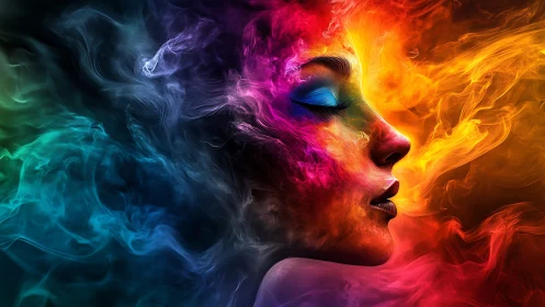 Chromatic female profile dissolving into swirling color clouds.