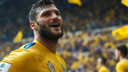 Sweat-soaked football forward celebrating in yellow kit, stadium