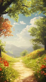 Sunlit floral path recedes toward distant alpine mountain range