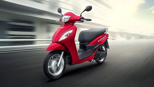 Red city scooter in dynamic motion on blurred highway.