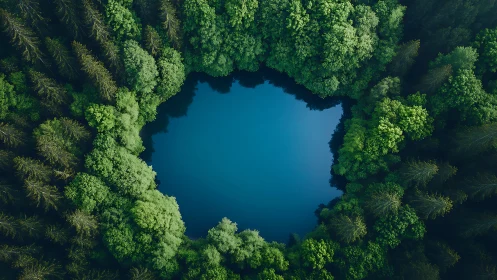 Aerial view of forest clearing containing isolated blue lake.