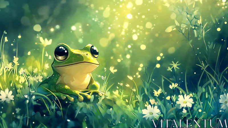 Bioluminescent-toned frog rendered in luminous meadow bokeh field