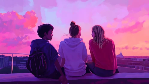 Three friends silhouetted against a neon gradient city sunset