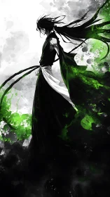 Dark warrior silhouette with green spectral energy flow.