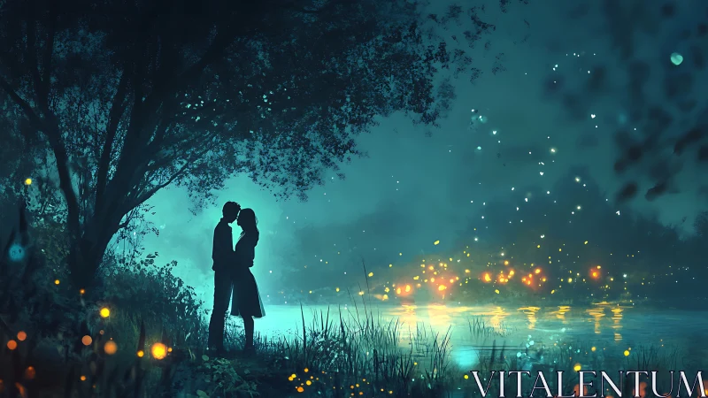 Couple Embracing by River at Night with Glowing Fireflies.