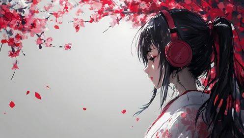 Anime girl with red headphones under cherry blossoms.