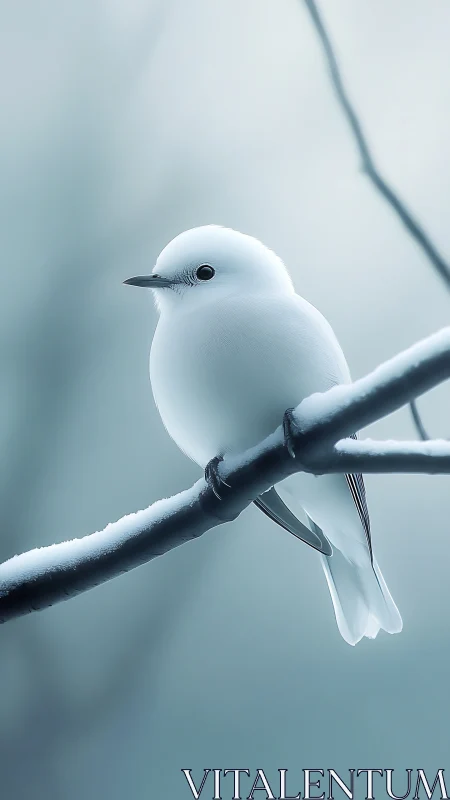 White bird perched on a frosted branch in cool tones.