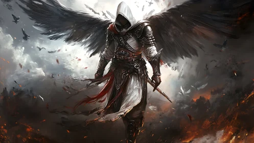 Dark-winged guardian strides through stormlit battlefield sky