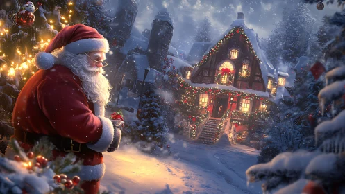Santa in snow-lit courtyard inspects gift by illuminated chalet