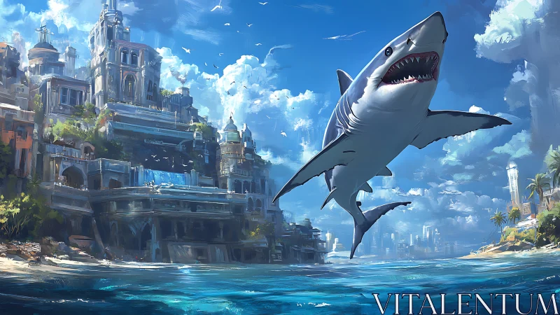 Dynamic shark aerial over sunlit coastal fantasy metropolis.