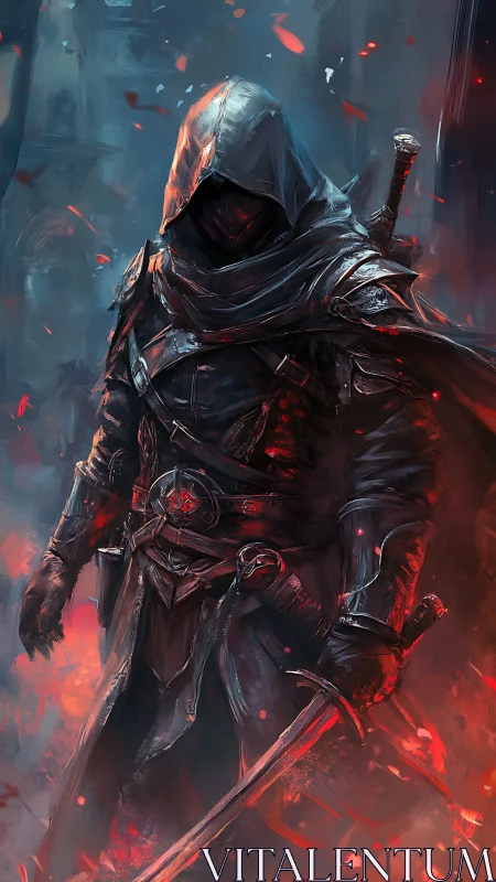 Hooded dark assassin strides through embers and shadowed ruin.