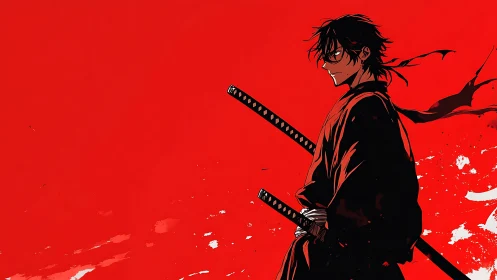 Samurai swordsman silhouettes against intense red sky.