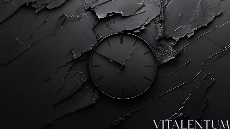 Monochrome minimalist wall clock set in textured black strata