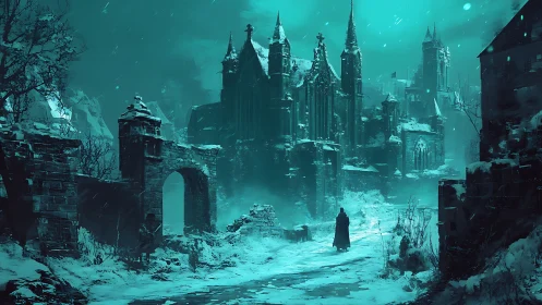 Snowbound gothic citadel under eerie teal nightfall.