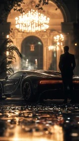 Luxury sports car parked outside grand illuminated hotel