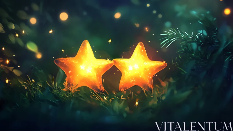 Two luminous star-shaped objects rest on grass at night