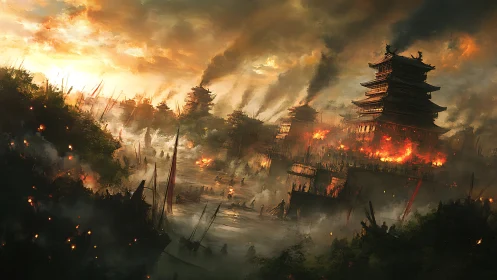 Warring river citadel burns under storm-lit dusk sky.