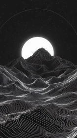 Monochrome line terrain under circular celestial body.