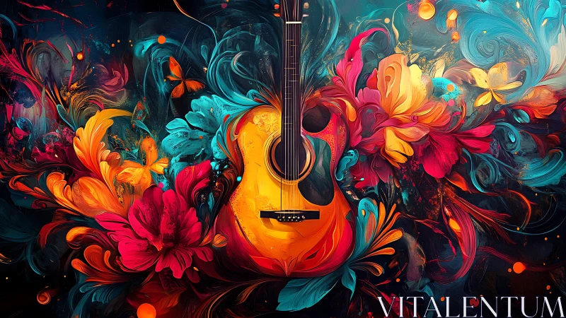Acoustic guitar central with swirling neon floral abstractions