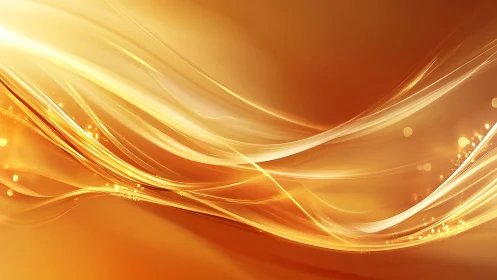 Golden abstract wave background with glowing lines and bokeh effect.
