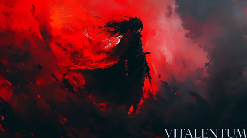Lone dark warrior stands in a storm of burning crimson haze