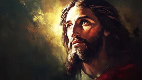 Chiaroscuro devotional portrait with radiant edge lighting.