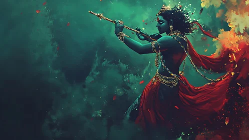 Blue-skinned figure plays flute amid swirling red fabric