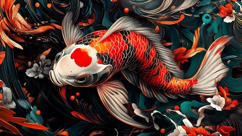 Koi fish glides through swirling abstract floral currents.