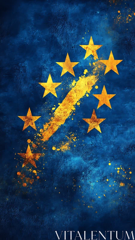 Radial gold stars with diagonal splatter stroke on cobalt field.